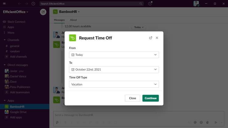 Request Time Off in Slack