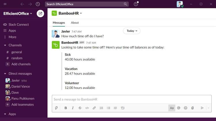 Check your Time Off balances in Slack