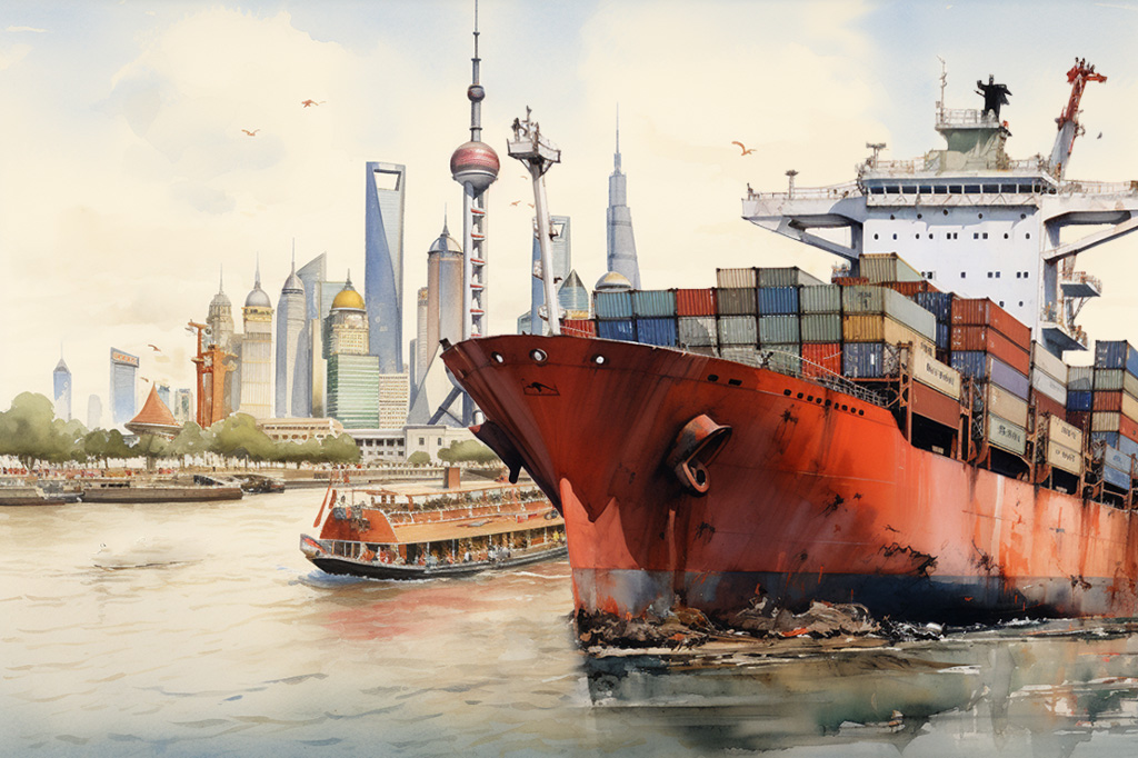 Illustration of a container ship leaving Shanghai