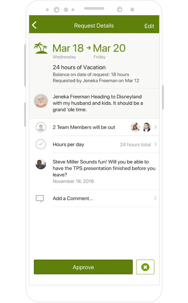 Mobile interface showcasing BambooHR's vacation request feature