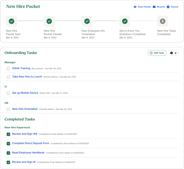 New hire onboarding progress display featuring a completed checklist for the New Hire Packet and sections for Onboarding Tasks assigned to different departments and managers, along with a list of Completed Tasks including signed forms and reviewed documents