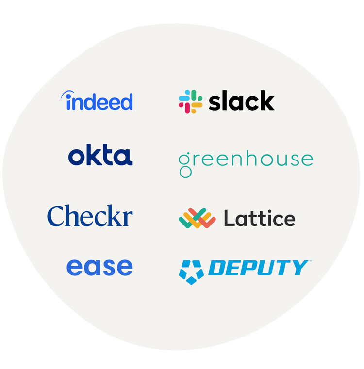 Logos of companies and tools: Indeed, Slack, Okta, Greenhouse, Checkr, Lattice, Ease, and Deputy.