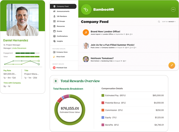 BambooHR Employee Experience & Performance dashboard showing employee’s profile, company feed updates, and a total rewards overview with compensation details showing powerful all in one hr software