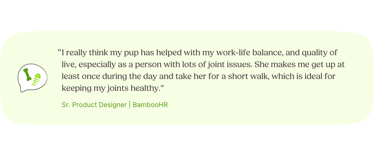 “I really think my pup has helped with my work-life balance, and quality of live, especially as a person with lots of joint issues. She makes me get up at least once during the day and take her for a short walk, which is ideal for keeping my joints healthy.” —Stephanie, Sr. Product Designer, BambooHR