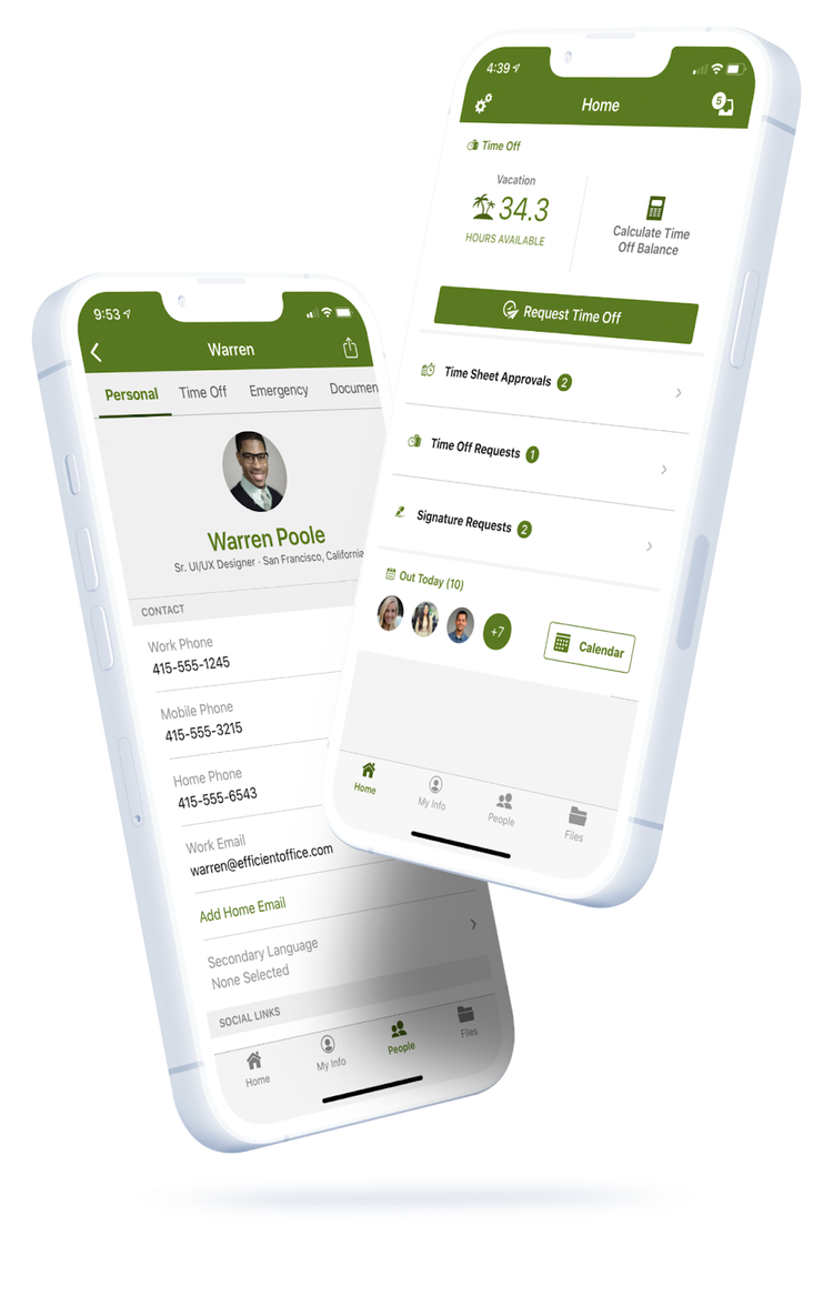 Two mobile app interface screenshots displaying employee details and a home screen with options like time off balance, requests, and approvals. Includes navigation for Home, My Info, People, and Files