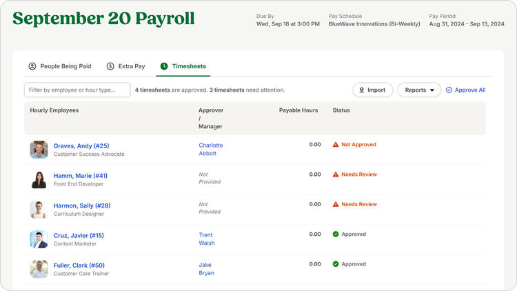 Payroll timesheet approval page for September 20, showing employee timesheet statuses, approvers, and pay details with options to review or approve as part of hr payroll software