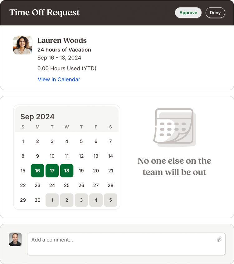 PTO Request interface in BambooHR Time Off Management System showing vacation dates, calendar view, and approval options for streamlined team management