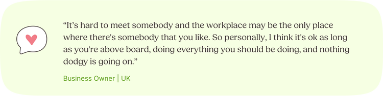 Illustrated Quote: “It’s hard to meet somebody and the workplace may be the only place where there's somebody that you like. So personally, I think it's ok as long as you're above board doing everything that you should be doing and nothing dodgy is going on.” —Business Owner, UK