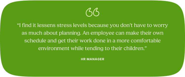 “I find it lessens stress levels because you don’t have to worry as much about planning. An employee can make their own schedule and get their work done in a more comfortable environment while tending to their children.” —HR Manager