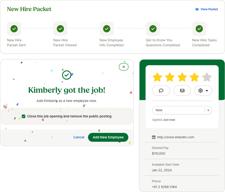 BambooHR hiring and onboarding dashboard showing a completed new hire packet, a confirmation for a person being hired, and candidate details with a 4-star rating