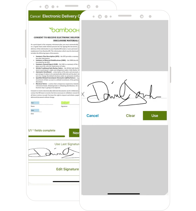 Mobile interface displaying BambooHR's electronic signature feature, allowing users to sign documents digitally for efficient HR processes.