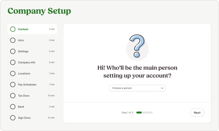 BambooHR's company setup interface, showing step 1 for selecting the main person responsible for account setup, with a progress indicator and setup checklist on the left for hr payroll software