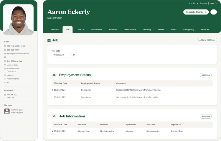 Profile view of a Construction Subcontractor in BambooHR software, including personal details, job information, employment status, and manager details. Tabs for navigating personal, job, time off, documents, benefits, and performance data are visible