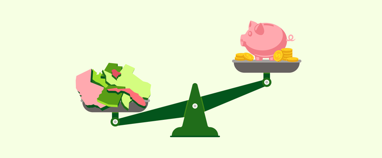 An illustration of a scale, with a piggy bank and coins on one side and a heap of colorful states on the other