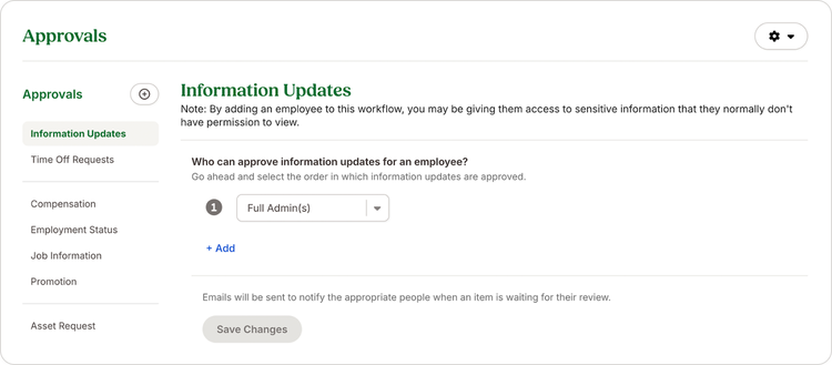 Approval settings interface in Time Off Management for employee information updates, showing admin permissions and notification workflow