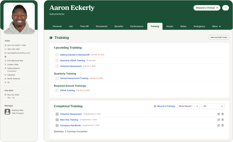 Employee training dashboard for an employee, displaying upcoming training sessions categorized into Quarterly, Required Annual Trainings, and other sessions, alongside a list of completed training sessions with details on completion dates and topics