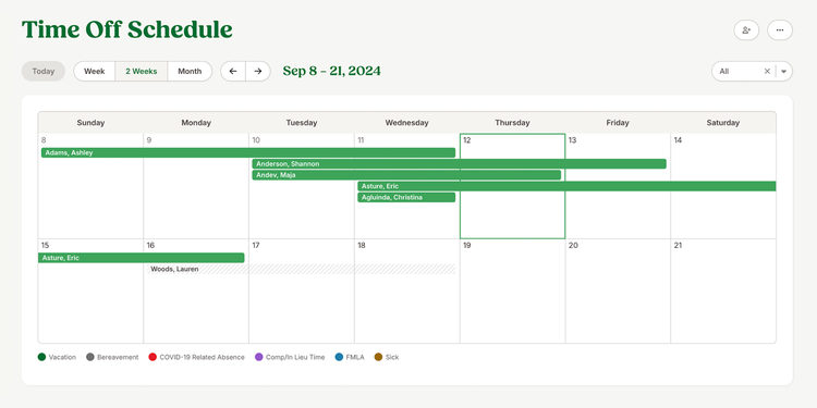 Employee time-off schedule in BambooHR Time Off Management showing vacation requests and absences across a two-week period