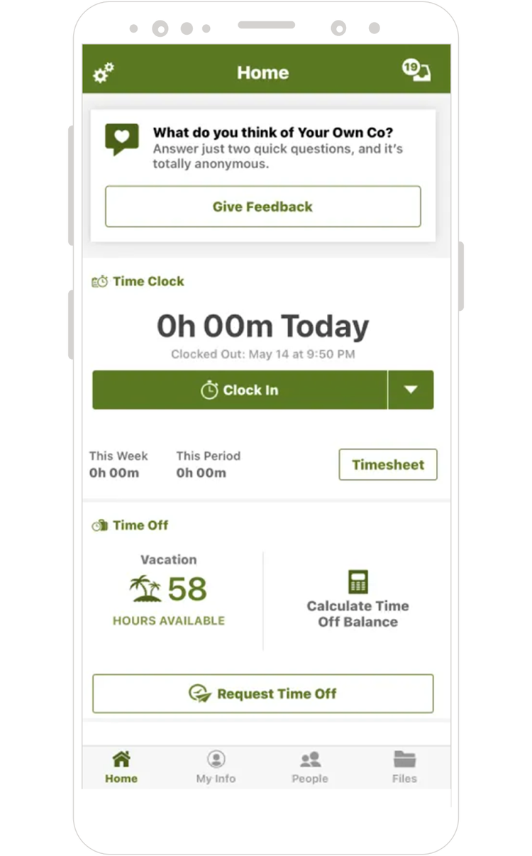 Mobile interface displaying BambooHR's home dashboard, featuring options for clocking in, time tracking, vacation balance, and anonymous employee feedback.