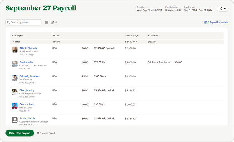 BambooHR payroll dashboard for September 27, showing employee hours, gross wages, extra pay details, and payroll calculations