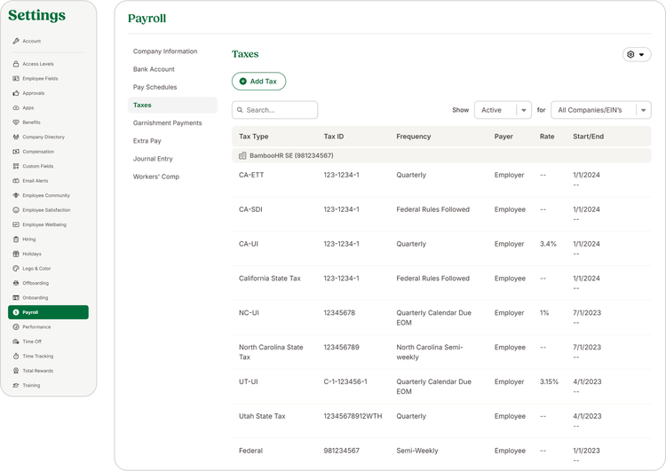 BambooHR payroll settings showing tax details, including tax types, IDs, frequencies, payers, and start dates for the payroll system software