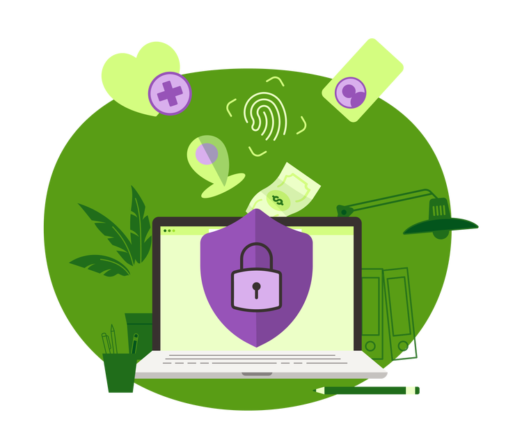 Illustration of a laptop with a shield and lock icon, surrounded by icons representing security, health, location, and money, symbolizing data protection and privacy