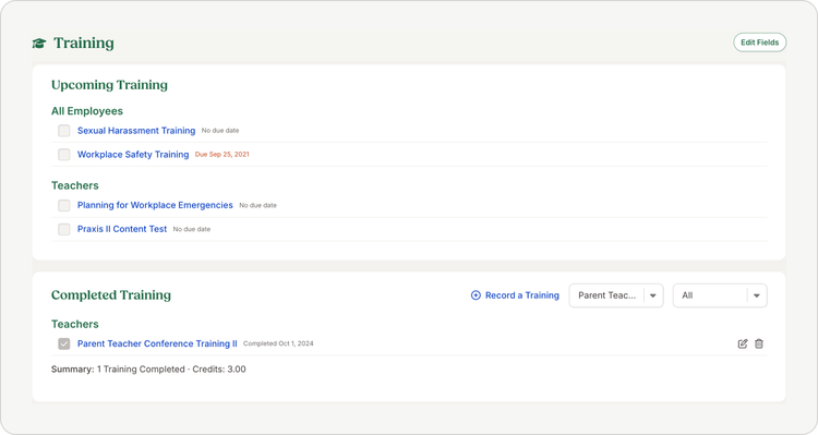 Training dashboard showing upcoming and completed sessions, including 'Workplace Safety Training' and 'Parent Teacher Conference Training II' with dates and credits.