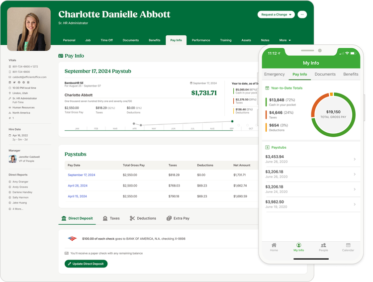 BambooHR showing an employee’s payroll information, including paystubs, direct deposit details, and a mobile view of pay info and year-to-date totals