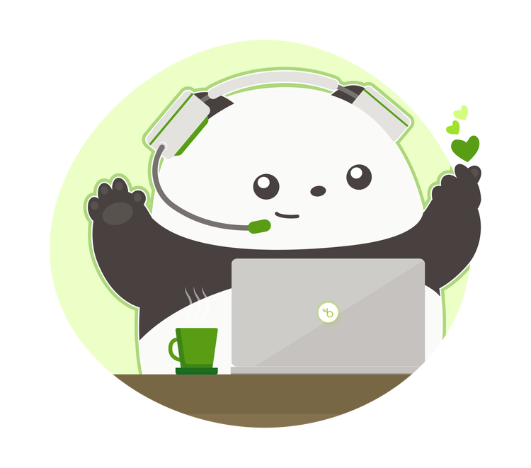 BambooHR's panda mascot wearing a headset, working on a laptop, and sending green hearts, symbolizing customer support