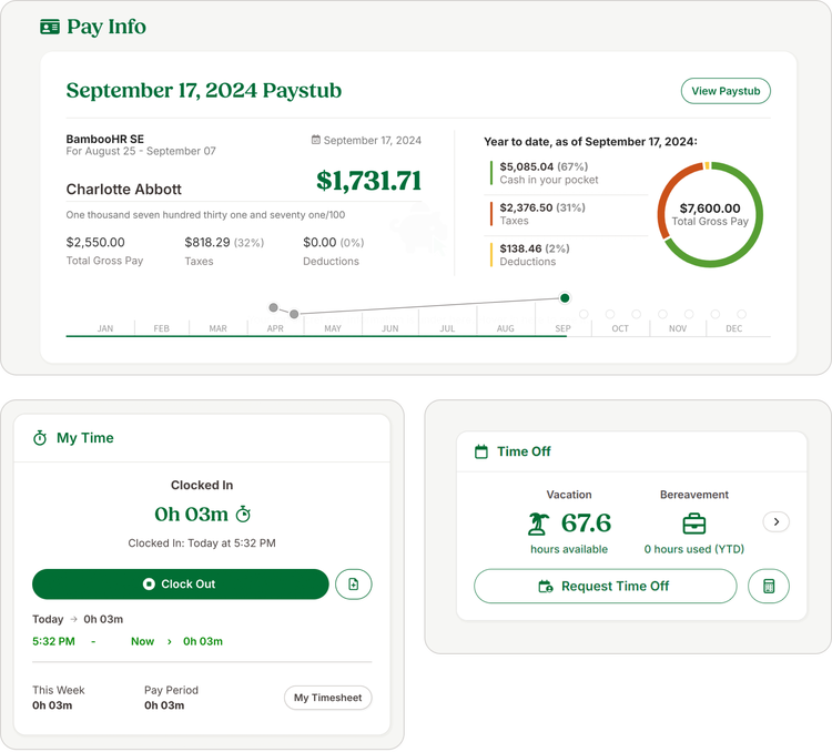 BambooHR dashboard showing employee’s pay information, clock-in status, and time-off balances showcasing dashboard for bamboohr payroll system of bamboo platform