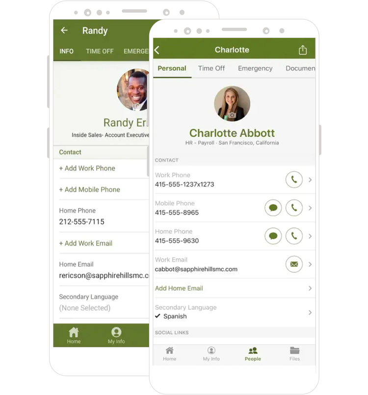 Mobile interface showcasing BambooHR's employee profile feature, displaying personal details, contact information, and options for time off and emergency contacts.