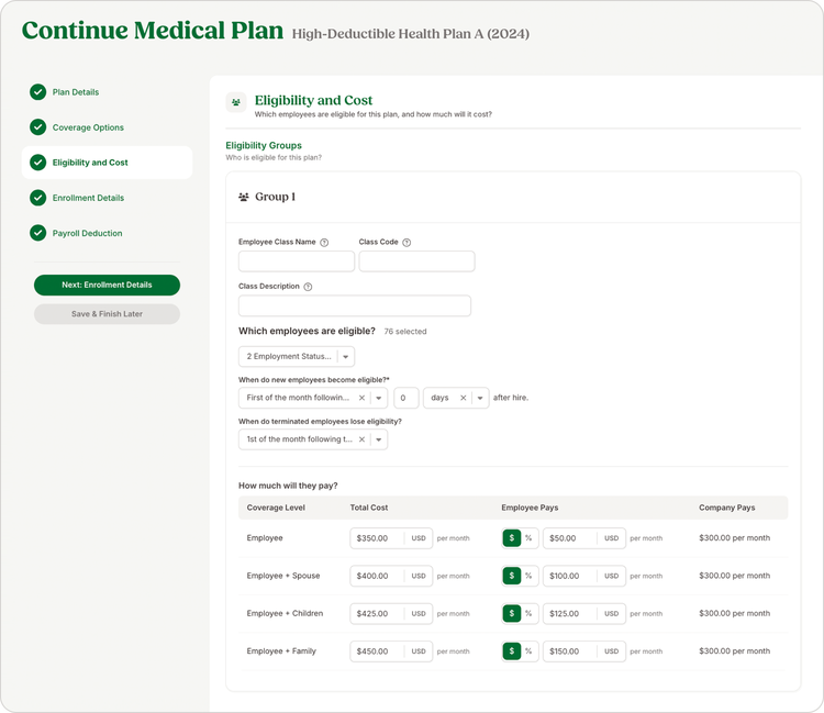 Form interface for setting up a high-deductible medical plan with eligibility criteria, employee classes, cost distribution, and enrollment details as part of the hr payroll software