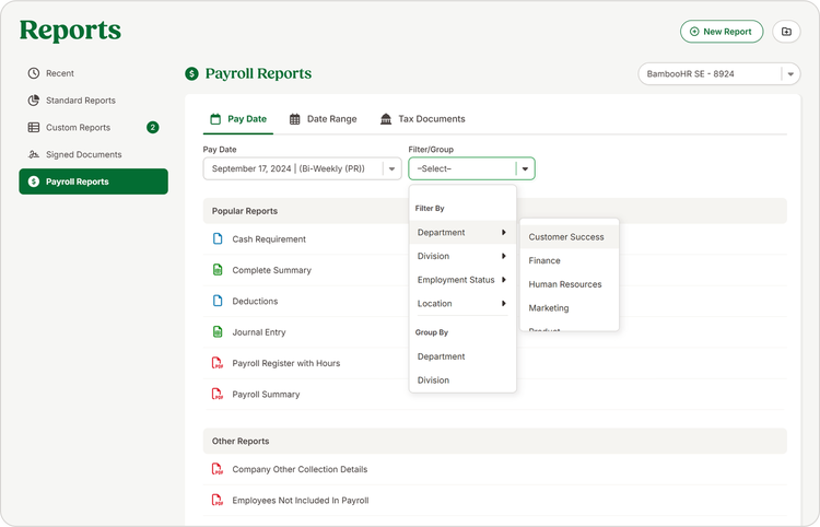 BambooHR payroll reports section showing options to filter by pay date, department, and division, with a list of popular and other payroll reports for the hr payroll system