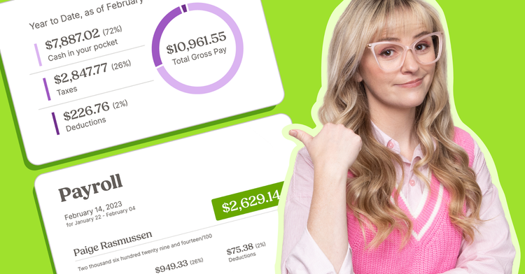 Featuring payroll details for customer, including gross pay breakdown, and a woman smiling and gesturing confidently towards dashboards for hr payroll software