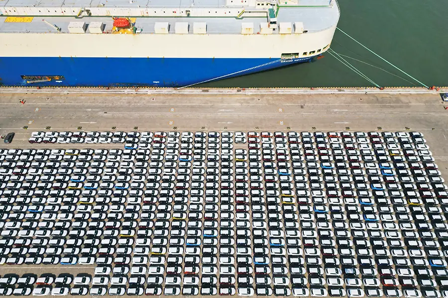 Hundreds of vehicles ready to export in a port in Shandong, China
