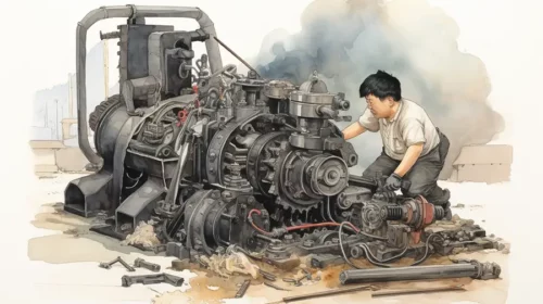 Illustration of a Chinese engineer who ensures an egine's output and stability.