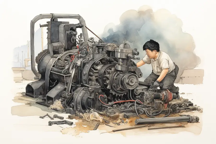 Illustration of a Chinese engineer who ensures an egine's output and stability.