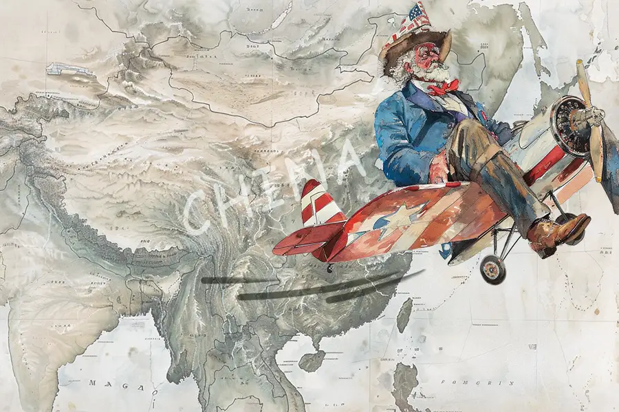 Illustration of an American business man fleeing China